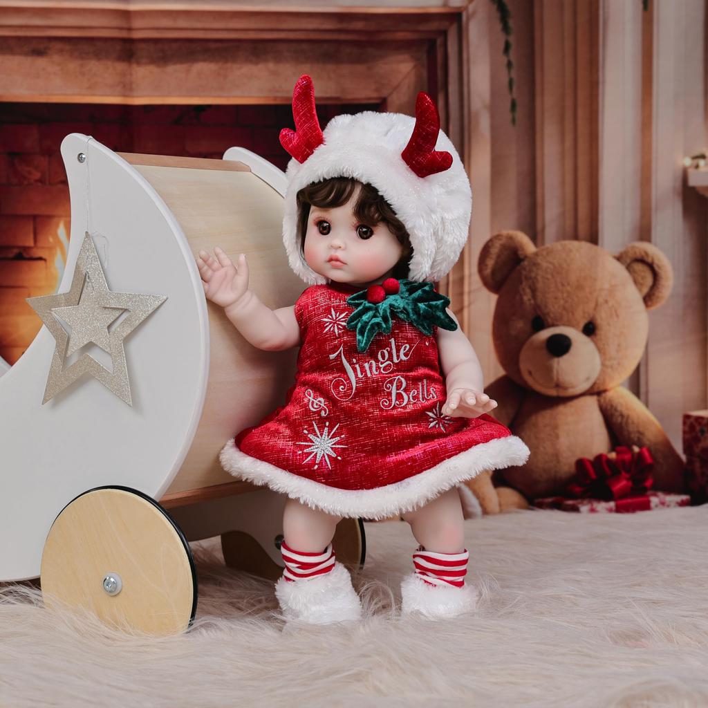 Cloveray 18-Zoll Vinyl Weihnachten Reborn Puppe, Rotes Hirschgeweih Outfit Baby Puppe, Handbemaltes Hochfarbiges Make-up, Perfekt für Sammlung & Geschenk, Auch
