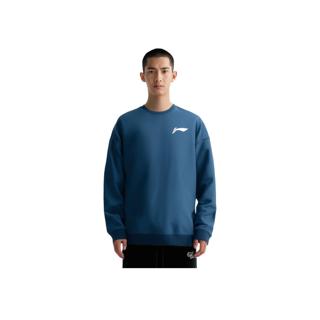 Li Ning Badminton Series Solid Color Logo Round Neck Casual Sports Sweatshirt Men Sweatshirt Navy-Blue AWDS201-3