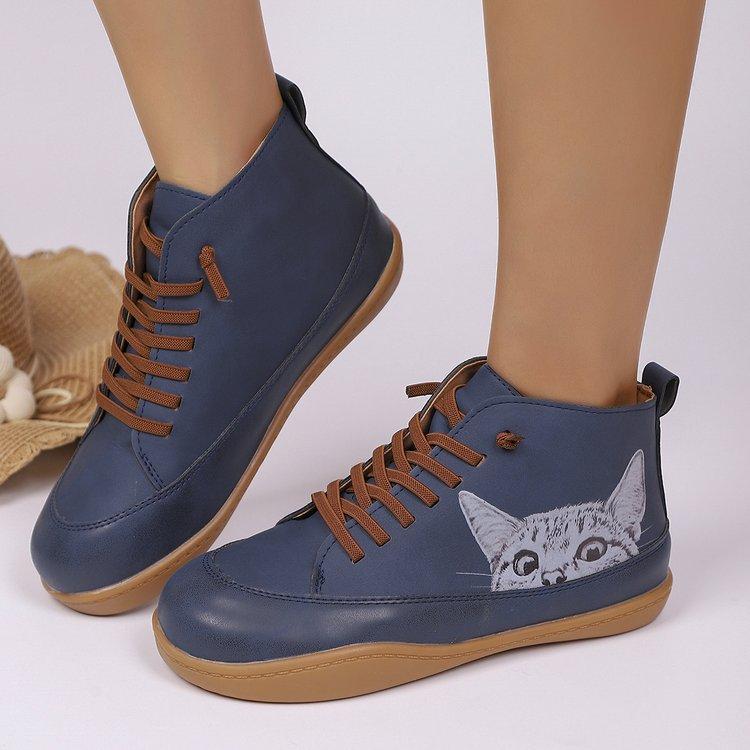 Botas Femininas Plus Size Estampa de Gato Cano Curto Salto Baixo Cadarço Moda Confortáveis Todas as Estações Primavera Outono