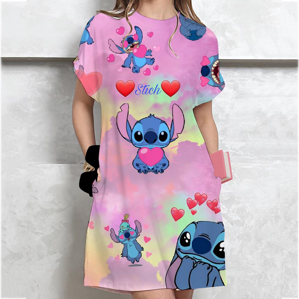 

Жіноча літня сукня-футболка великого розміру з принтом Disney Lilo&Stitch, короткий рукав, круглий виріз, повсякденна, повсякденна, сексуальна, вільна S