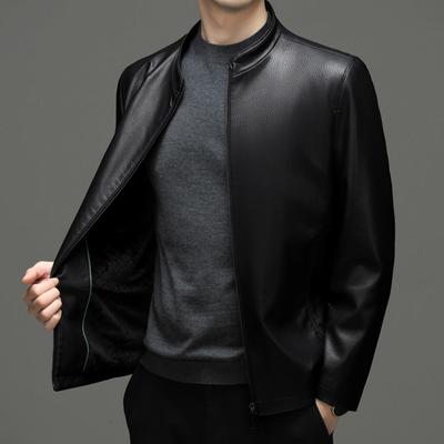 Autumn and Winter Velvet Middle-aged Men's Fattened Sheepskin Leather Jacket Stand Collar Dad Casual Loose Jacket
