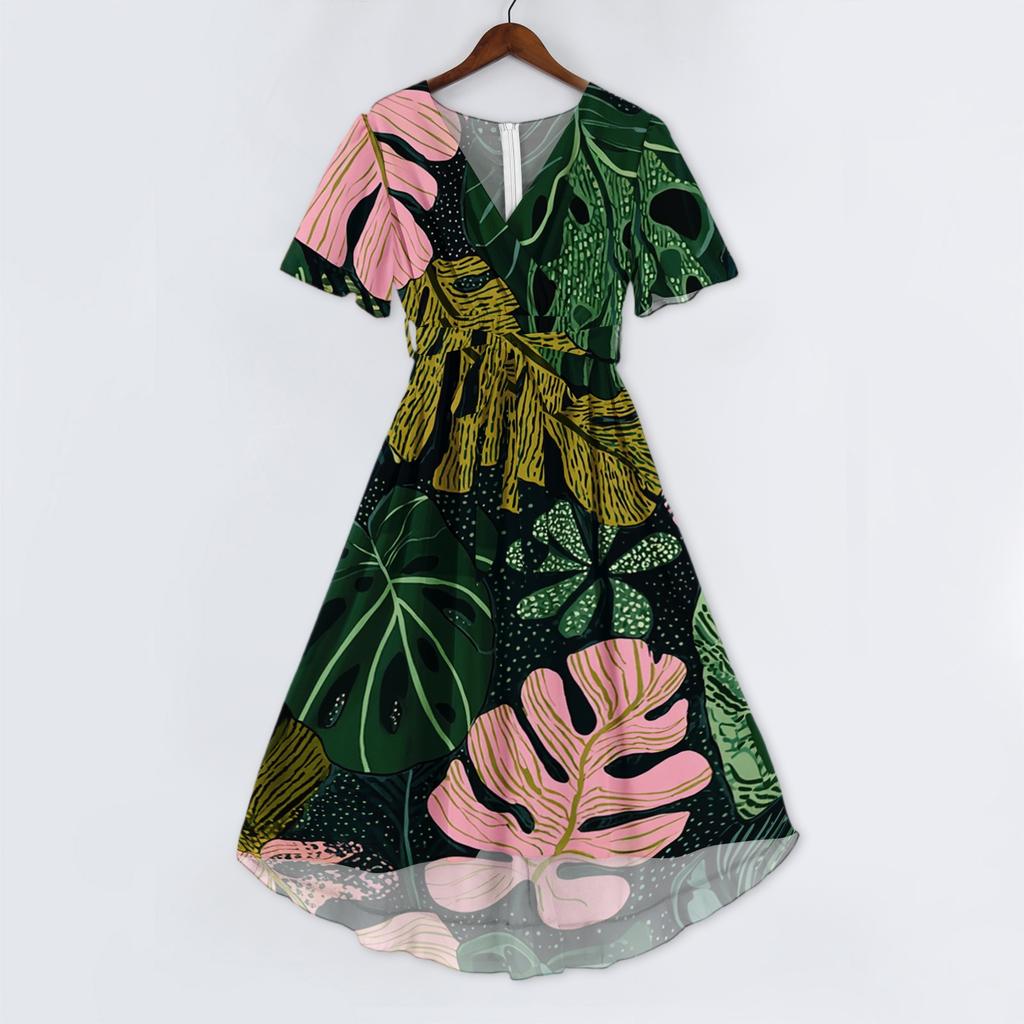 Women V Neck Short Sleeve Casual Dress Vintage Floral Print Midi Dress A Line Summer Dress