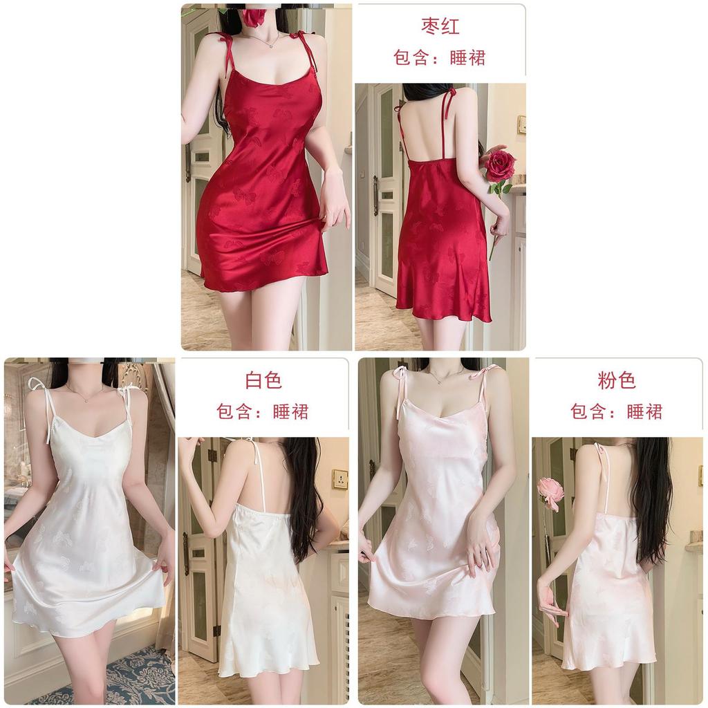 Satin Butterfly Print Sleepwear Set With V Neck And Chest Padded For Women