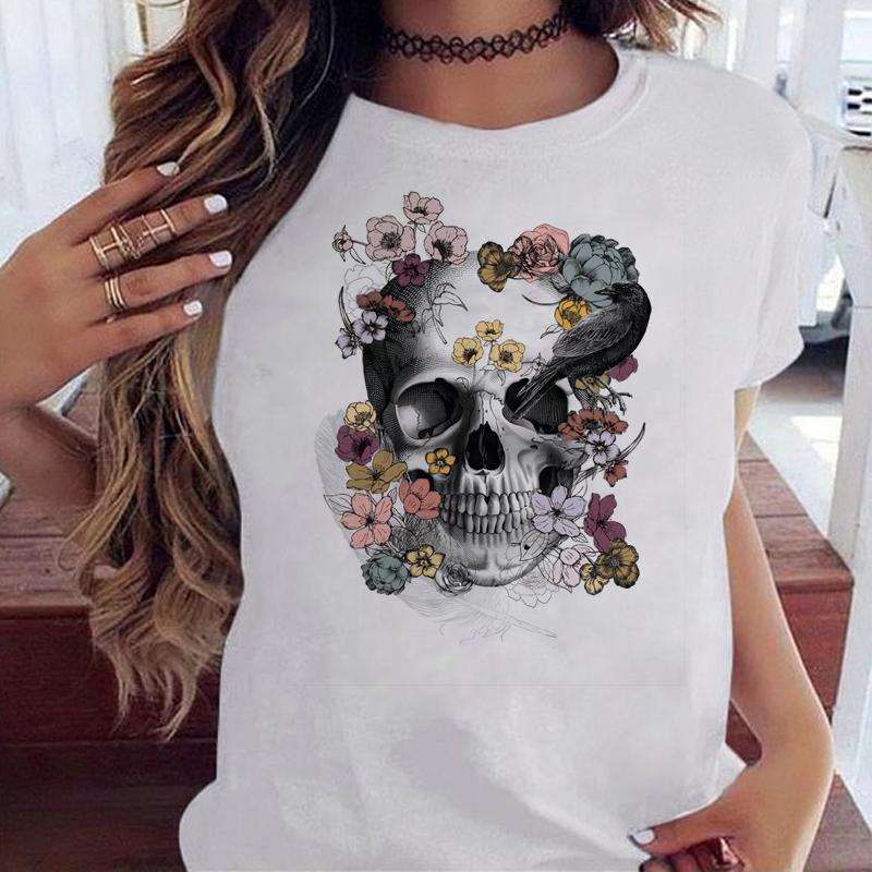 Maycaur Fashion Skull Flower Print Women T Shirt Summer Casual Short Sleeve O Neck Women Tshirt 90s Ladies Tee Shirt Tops