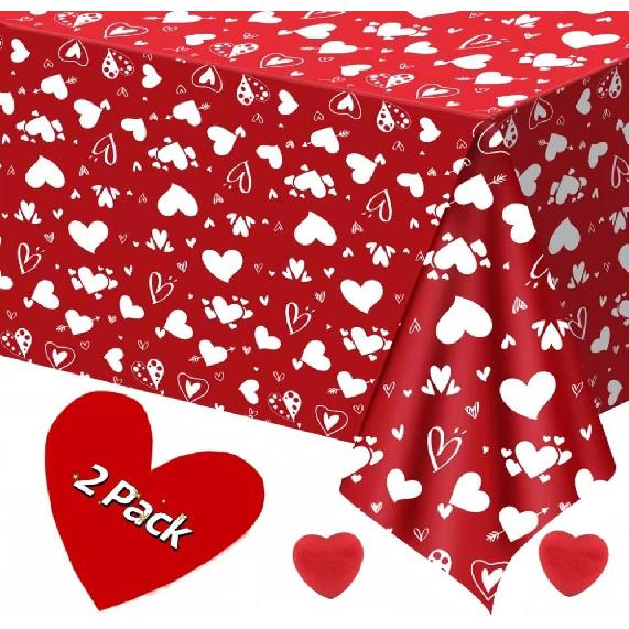 2 Pack Valentines Tablecloth - Red Heart Valentines Table Cloth, Plastic Disposable Rectangle Valentine Table Cover for Valentine s Tables