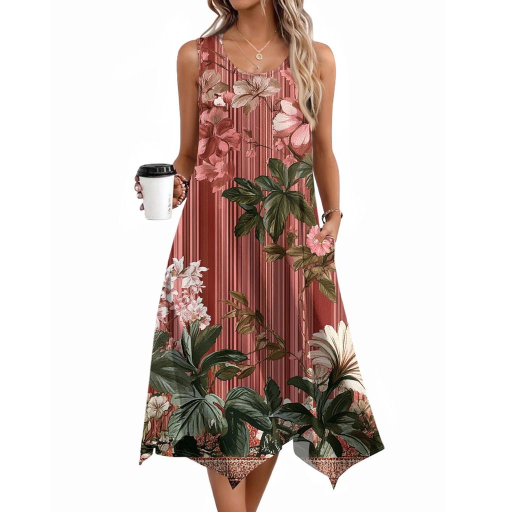 Women Casual Sleeveless Summer Dresses  Spring Crewneck Patchwork Boho Floral Ruffle Cocktail Party Midi Dress