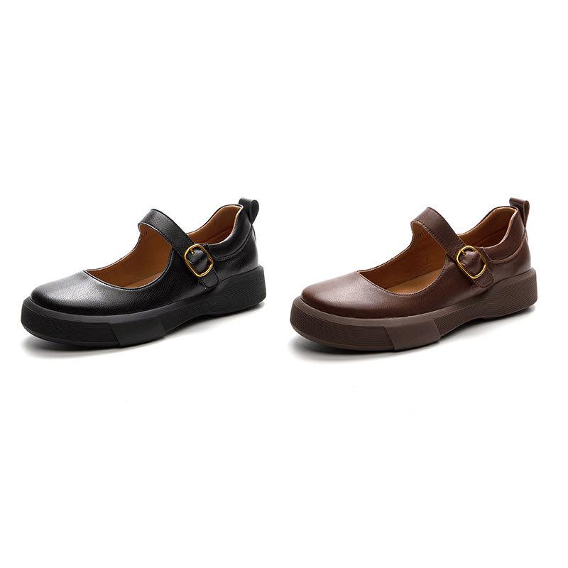 2025 new spring and autumn Mary Jane single shoes women's large size soft sole retro casual flat bottom one-word buckle small leather single shoes