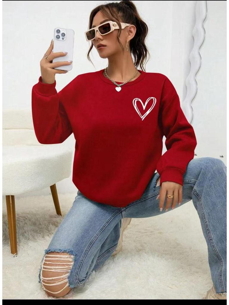 Women's Heart Print Loose Long Sleeve Sweatshirt - Cozy Round Neck Pullover
