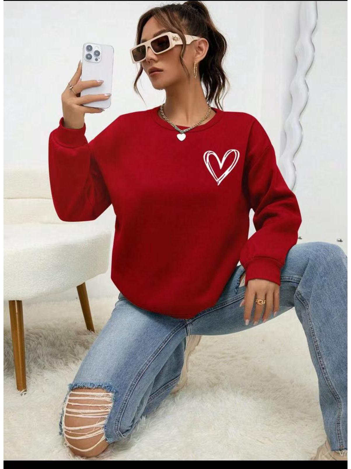 

Women s Heart Print Loose Long Sleeve Sweatshirt - Cozy Round Neck Pullover L