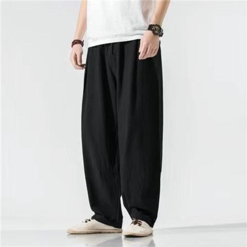 Summer Chinese Style Linen Trousers Solid Color Elastic Drawstring Patchwork Pockets Vintage Loose Casual Wide Leg Pantt