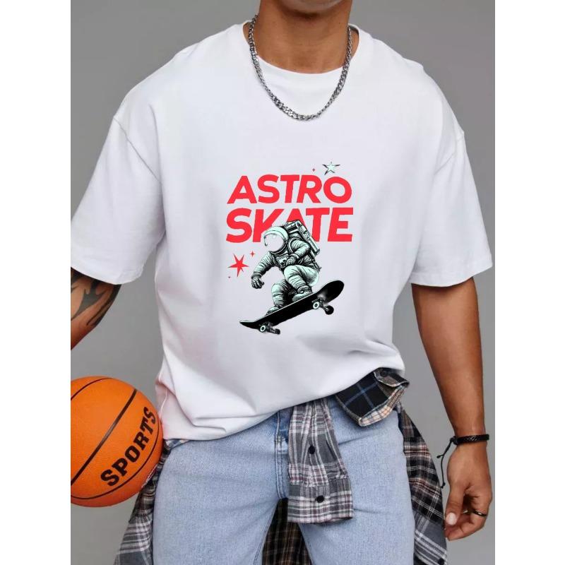 Astro Skate Tričko Bílé Astronaut na skateboardu s červeným textem a grafickým potiskem hvězd Streetwear Ležérní oblečení pro muže a ženy