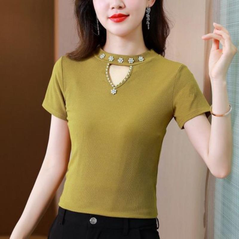 Ice Silk Shirt for Women Short-sleeved T-shirt In Summer New Slim and Versatile Modal Solid Color Thread Base Shirt Top
