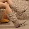 Fashion New Style Vintage Women's Pleated Boots Faux Suede Flock Knee High Boots Winter Fashion Slip on Square Low Heel Knight Booties