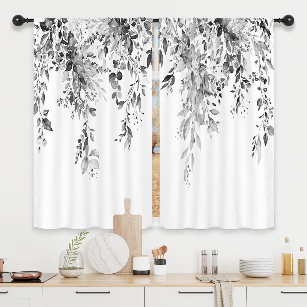 2 Paneele Küchenvorhänge Pflanzen Blume Frühling Floral Botanisches Muster Vorhänge Für Badezimmer Schlafzimmer Wohnzimmer Stangentasche