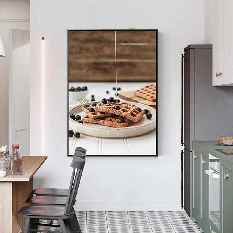 Affiche de nourriture de petit-déjeuner nordique café pain de blé myrtille gaufres peinture sur toile art mural modulaire photos décoration de cuisine