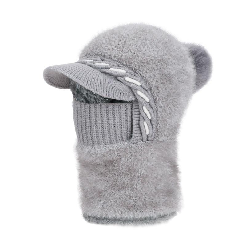 

Winter Knitted Hat Mask Neck Warmer For Women With Fleece For Outdoor Cycling серый