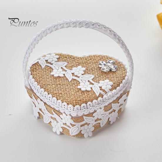 Tragbare Ringbox in Herzform, Spitzendekor, Eheringkissen, Innenteil aus weichem Schaumstoff, Ringkorb mit Tragegriff