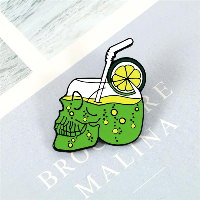 Summer Drink Lemon Juice Skull Enamel Pins Punk Skeleton Brooch Bag Clothes Lapel Pin Gothic Badge Holiday Party Jewelry Gift