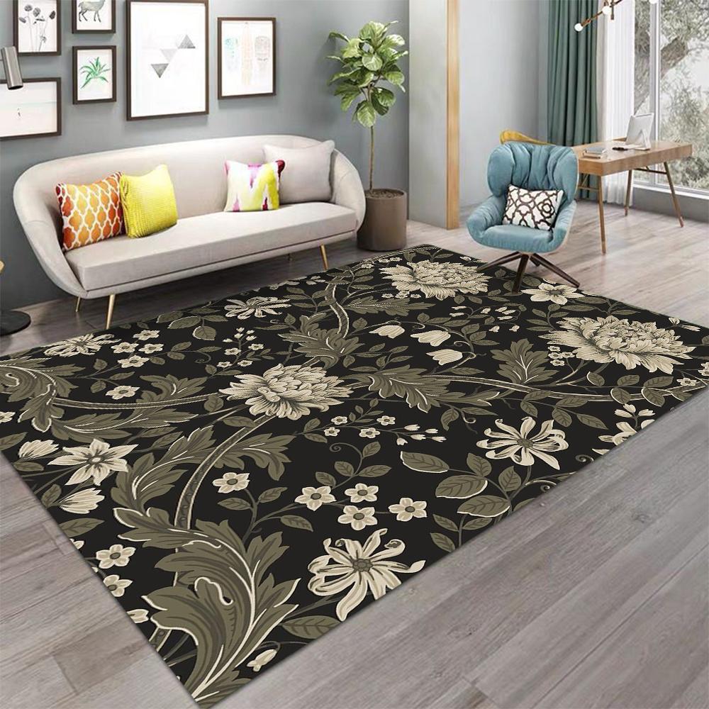 Vintage Botanical Carpet Rug Home Decoration Retro Floral Plants Floor Mat Living Room Hallway Bedroom Black Grey Green