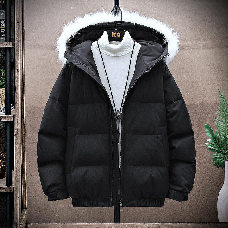 

White zipper casual thickened men s handsome fur collar solid color winter warm youth down jacket 3XL чёрный