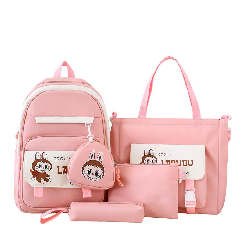 Labubu New Korean Style Fashion Four-piece Backpack Student Backpack Tutoring Bag Trendy Large Capacity Backpack