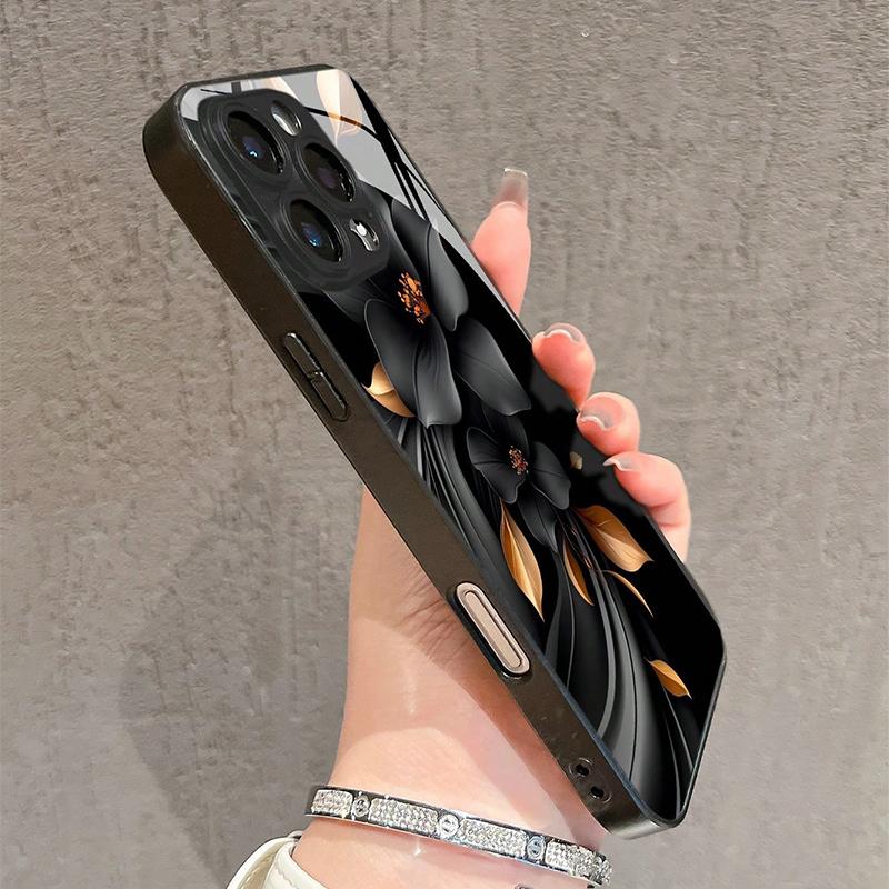 Black Flower Golden Leaf Pattern Tempered Glass Phone Case For iPhone 17 16 15 14 13 12 11 Pro Max 17Air 16E 7 8 Plus XS X Cover