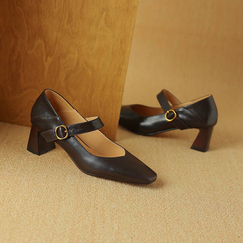 Krazing Pot Sheep Skin Square Toe Chunky High Heels Spring Summer Mary Janes Shoes Vintage Plus Size 42 Women Pumps