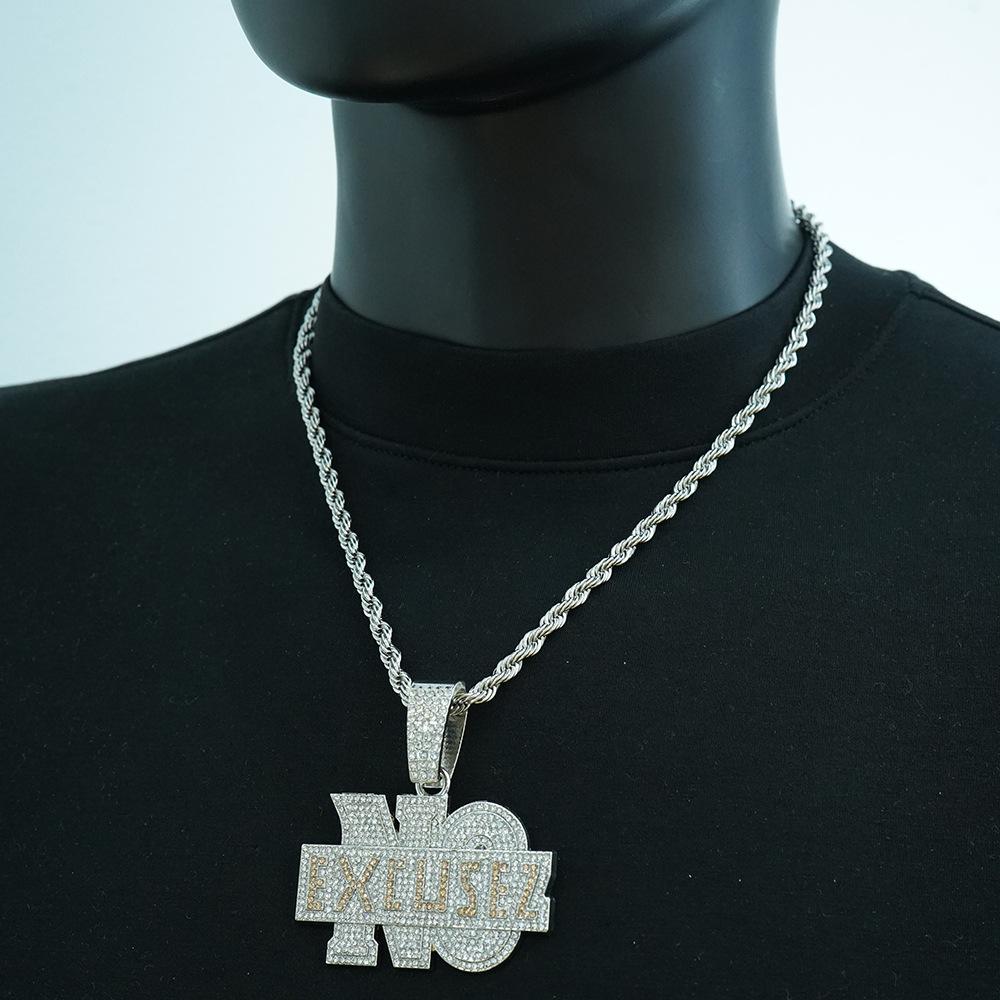 Jewelry Full Diamond NO EXCUSEZ English Letter Hanging Fashion Hip Hop Necklace Men's Pendant