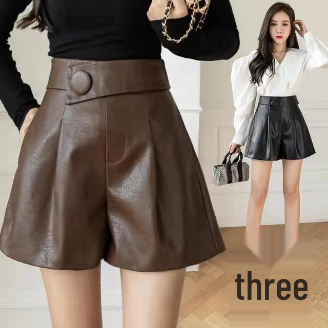 Korean PU Leather High-Waisted Wide-Leg A-Line Bootcut Shorts - Women's Versatile Autumn/Winter Casual Outerwear.