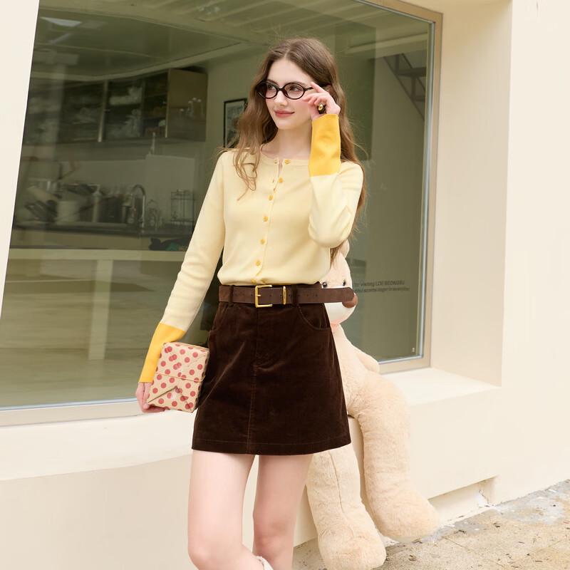 Sancai 2026 Spring Color Block Round Neck Knit Cardigan