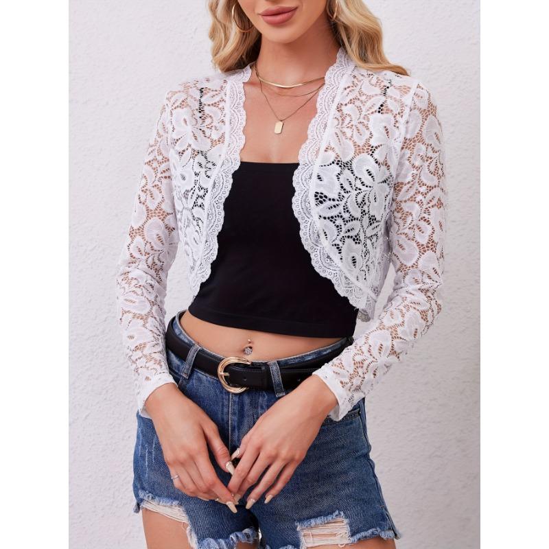 Elegant Women'S Lace Cardigan, Polyamide Blend, Geometric Pattern, Drop Shoulder Collar, Long Regular Sleeves, Short Length,