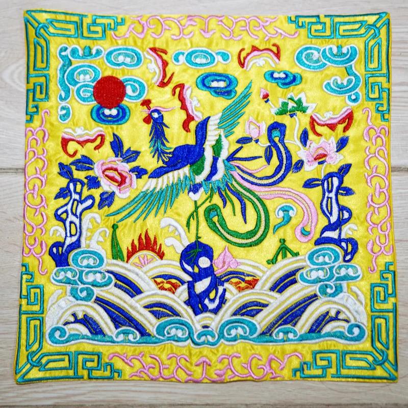 

Chinese Embroidered Placemat Official Robe Badge Phoenix Craft Embroidery Piece Gift Decorative Coaster Cups Plates 26x26cm