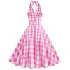 Women’s Strappy, Sexy deep-V Neckline Pink Checked Vintage Dress