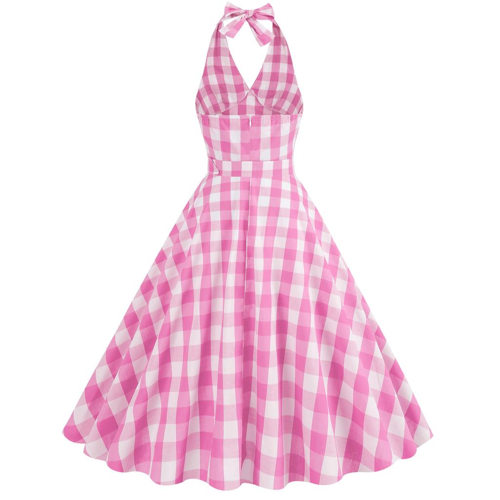 Women’s Strappy, Sexy deep-V Neckline Pink Checked Vintage Dress