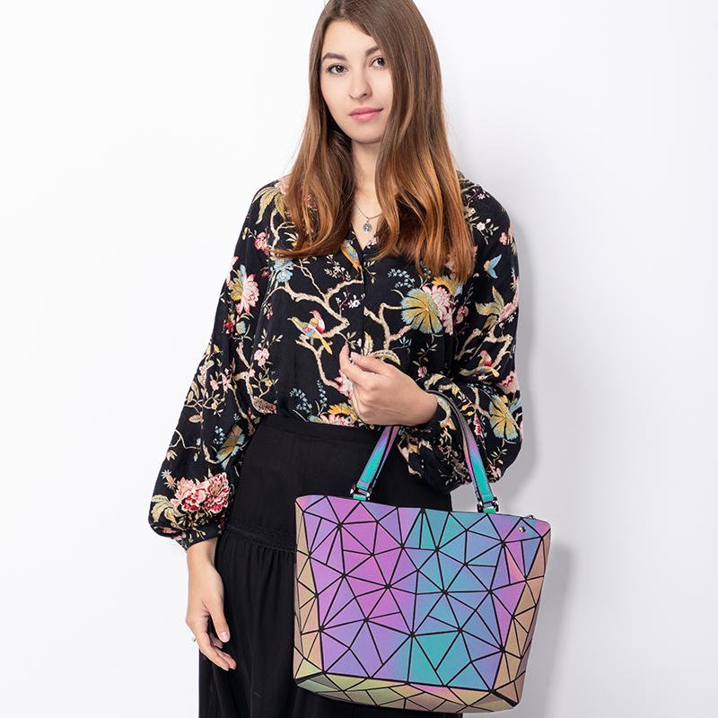 Bolsa feminina geométrica diamante bolsa de ombro dobrável bolsa balde luminosa laser holográfica