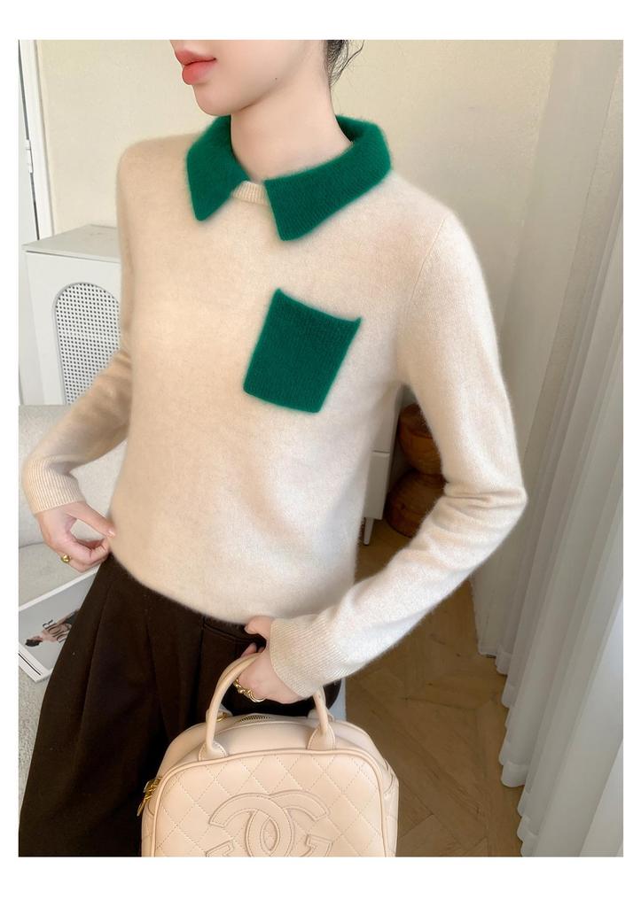 Women's Elegant Color Block Cashmere Polo Sweater - Age-Reducing Red Pullover Knit Base Layer