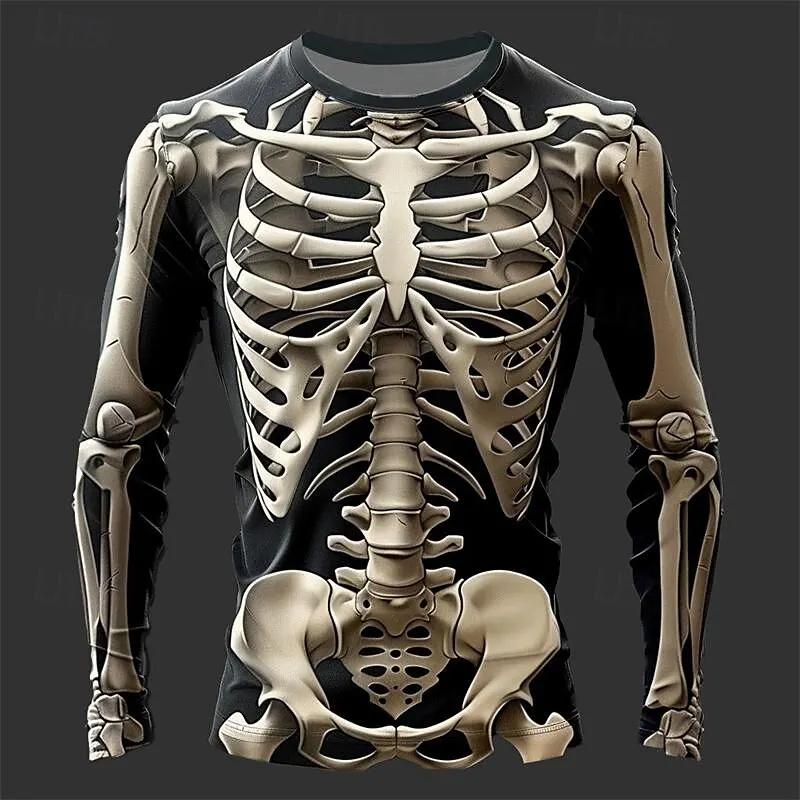 Creative Design 3D Skull Print Men's T-Shirt Autumn Daily Casual Long Sleeve Crew Neck Pullover Tees Oversize Breathable Clothes