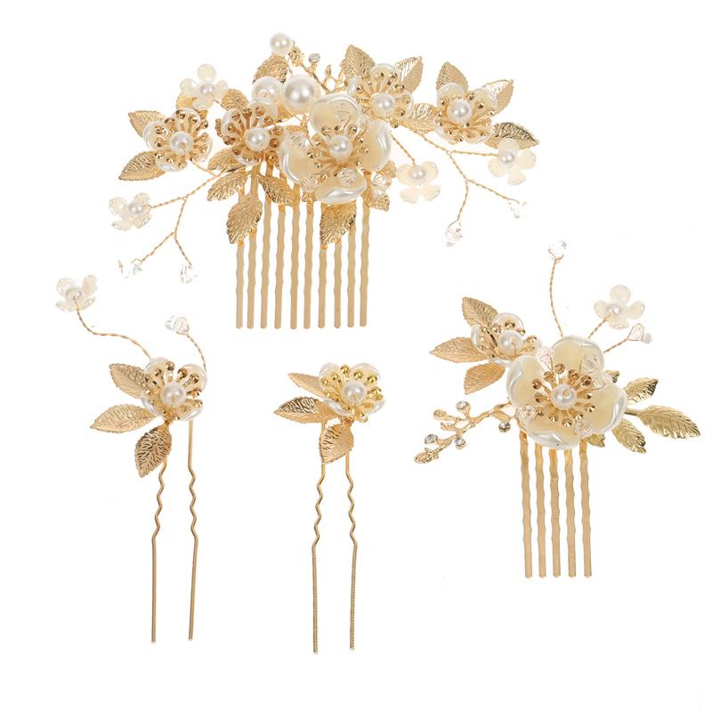 4PCS Gold Flower Leaf Bridal U-shaped Pearl Hair Pins Headpieces Hair Accessories Weddingfor Brides Bridesmaids Women Girls