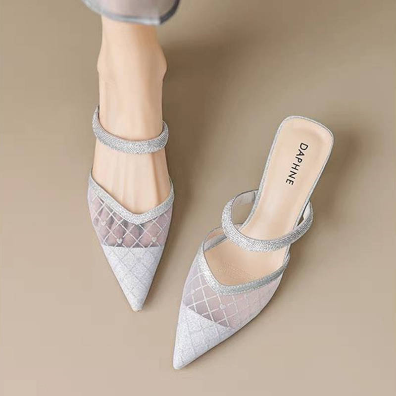 Baotou half-drag women's outer wear 2025 new summer high-end mesh pointed French high-heeled sandals with skirt