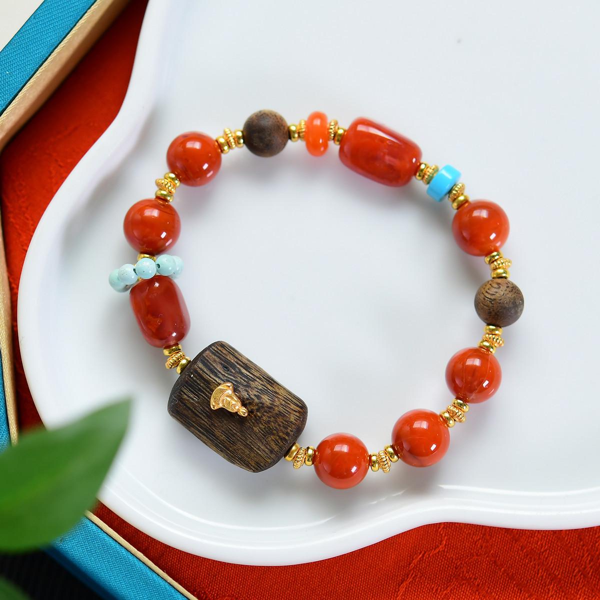 New Chinese Style Red Agate and Turquoise 925 Silver Bracelet 9mm