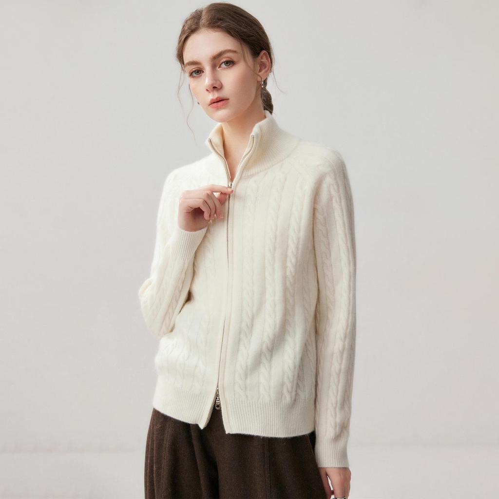 Women's Elegant Cashmere Cable Knit Half-High Neck Zip Cardigan - Autumn/Winter 2026 Collection