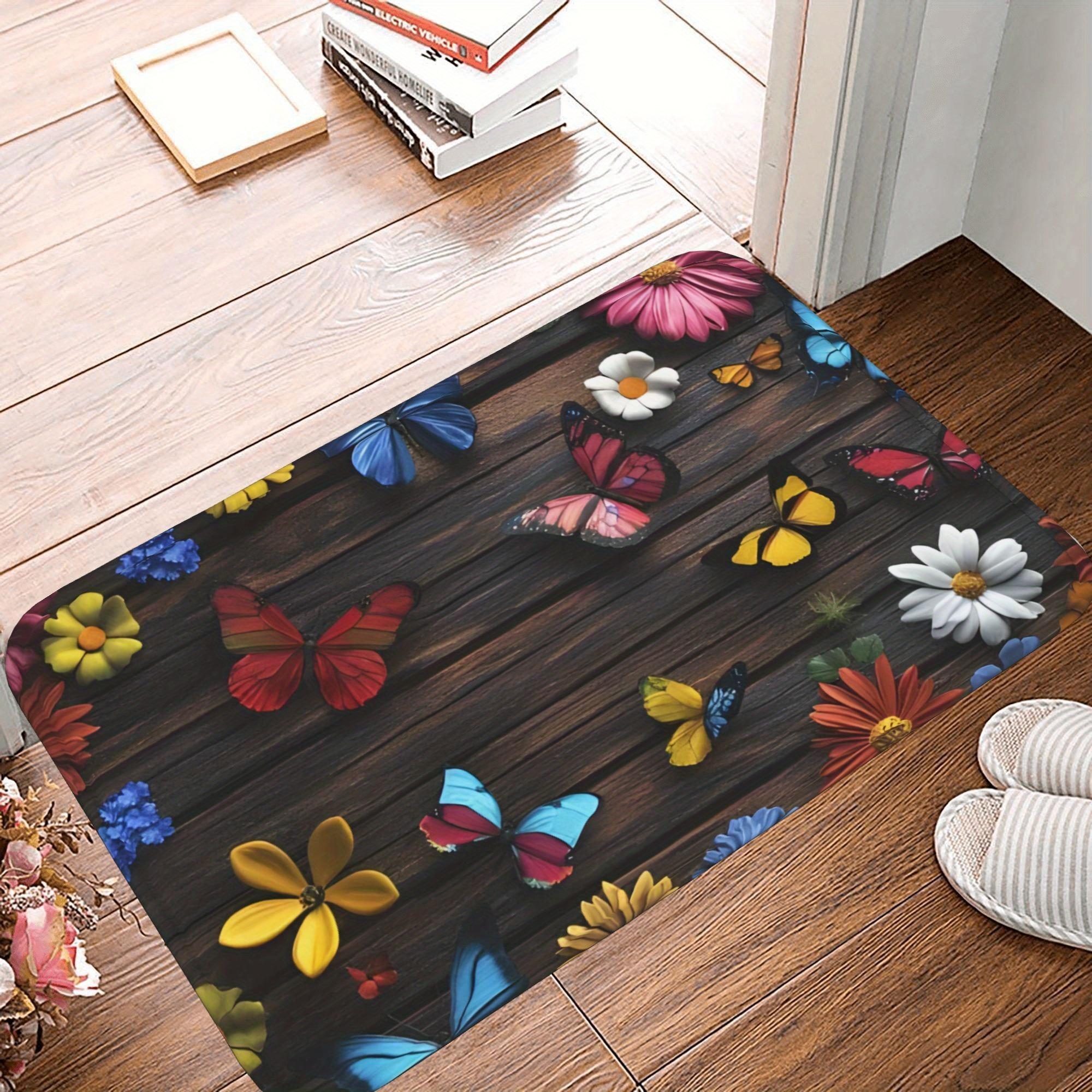 

1PC Butterflies and Blooms Kitchen Rug Non-Slip Door Mat Pop design Bathroom Rug Bath Mat Carpet for Home Sink Laundry Decor 40cm x 60cm