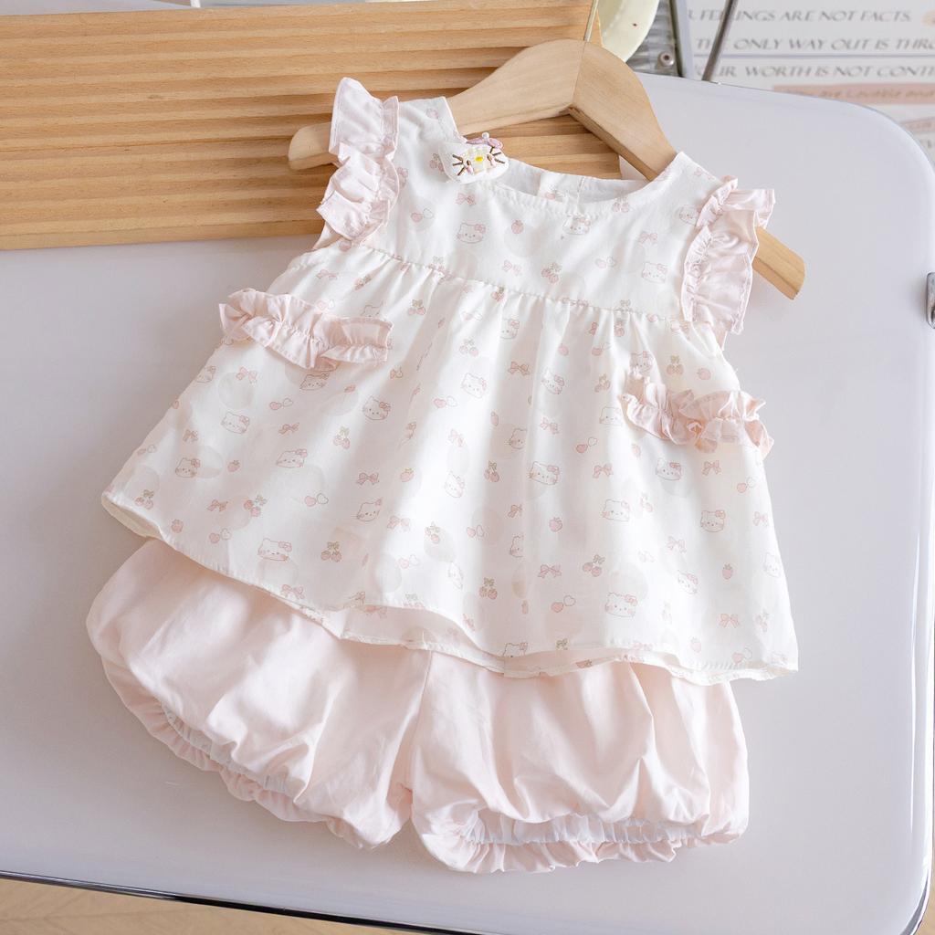 Girls Summer Cartoon Print Ruffle Sweet Top And Solid Shorts Cute Two Piece Set