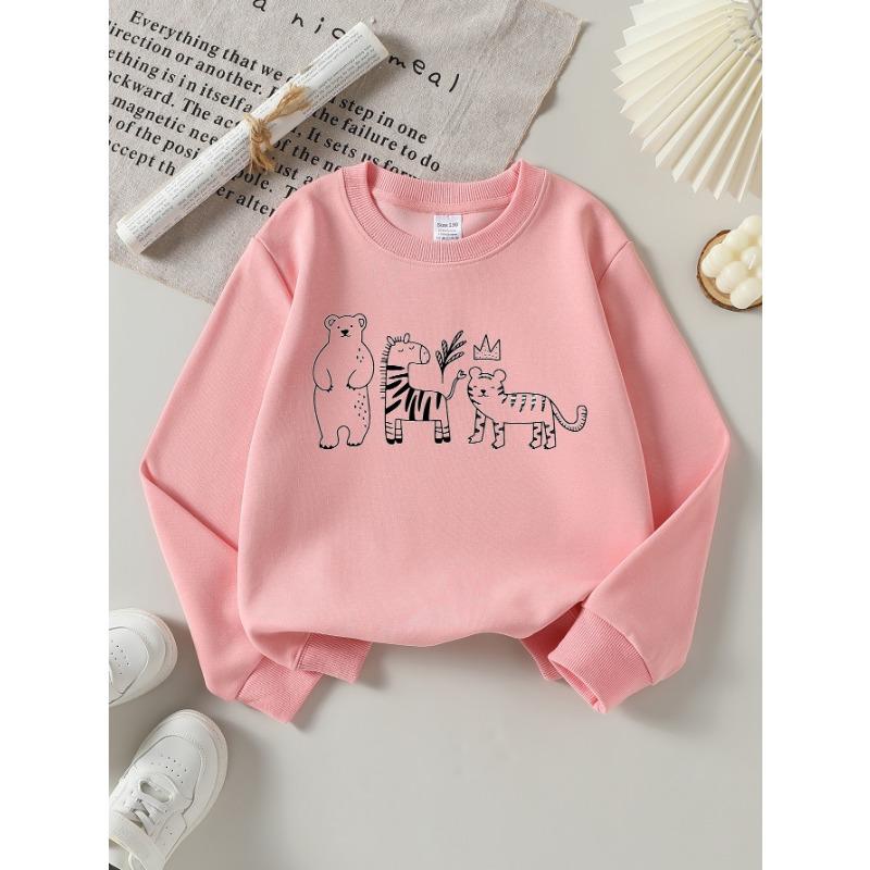 European sizes Kids' Sweatshirts, Girls' Autumn Winter Bear Zebra Tiger Crown Plant Print Long Sleeve Round Neck Sweatshirt, Casual Daily Wear.