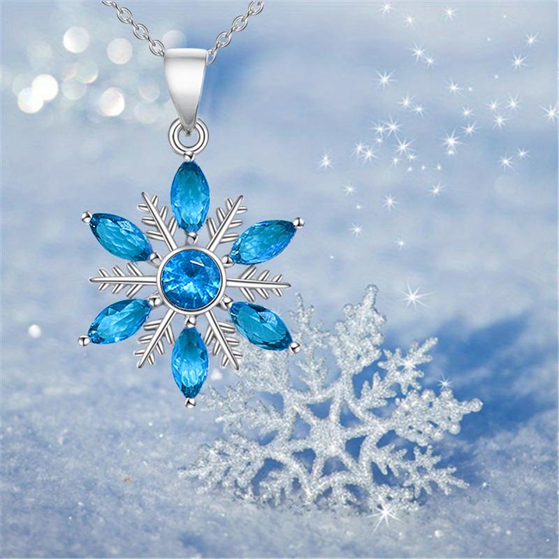 Huitan Women Blue Cubic Zircon Snowflake Pendant Necklace Silver Color Fashion Winter Jewelry Lady Party Christmas Elegant GiftGood Product