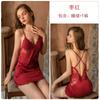 Sexy Plus-Brustpolster Satin Spitze Hosenträger Nachthemd Gürtel Hupenärmel Robe Damen Heim-Set