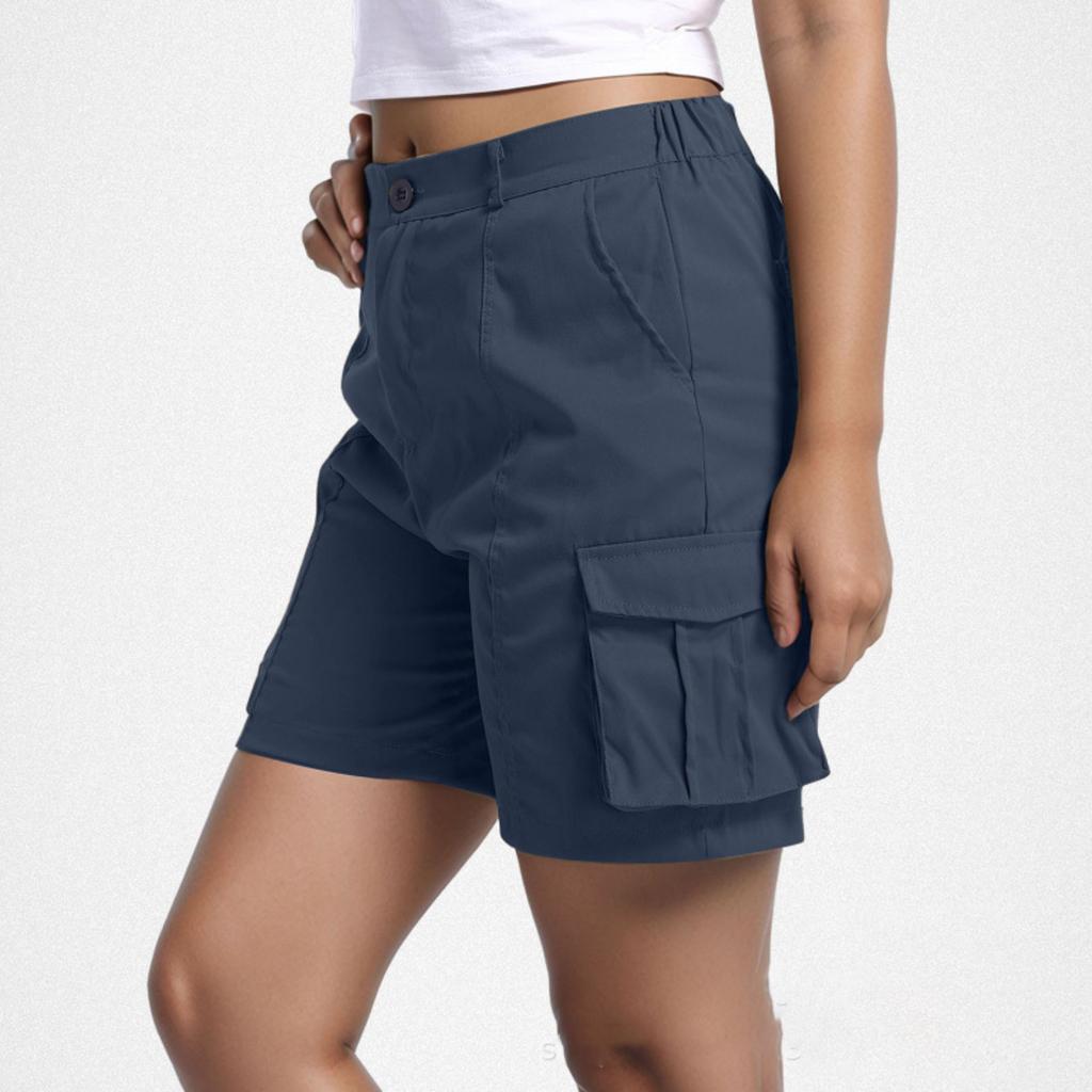Women Casual Solid Elastic Waist Cargo Shorts with Pockets Relaxed Fit Utility Design for Everyday Wear Outdoor Activities