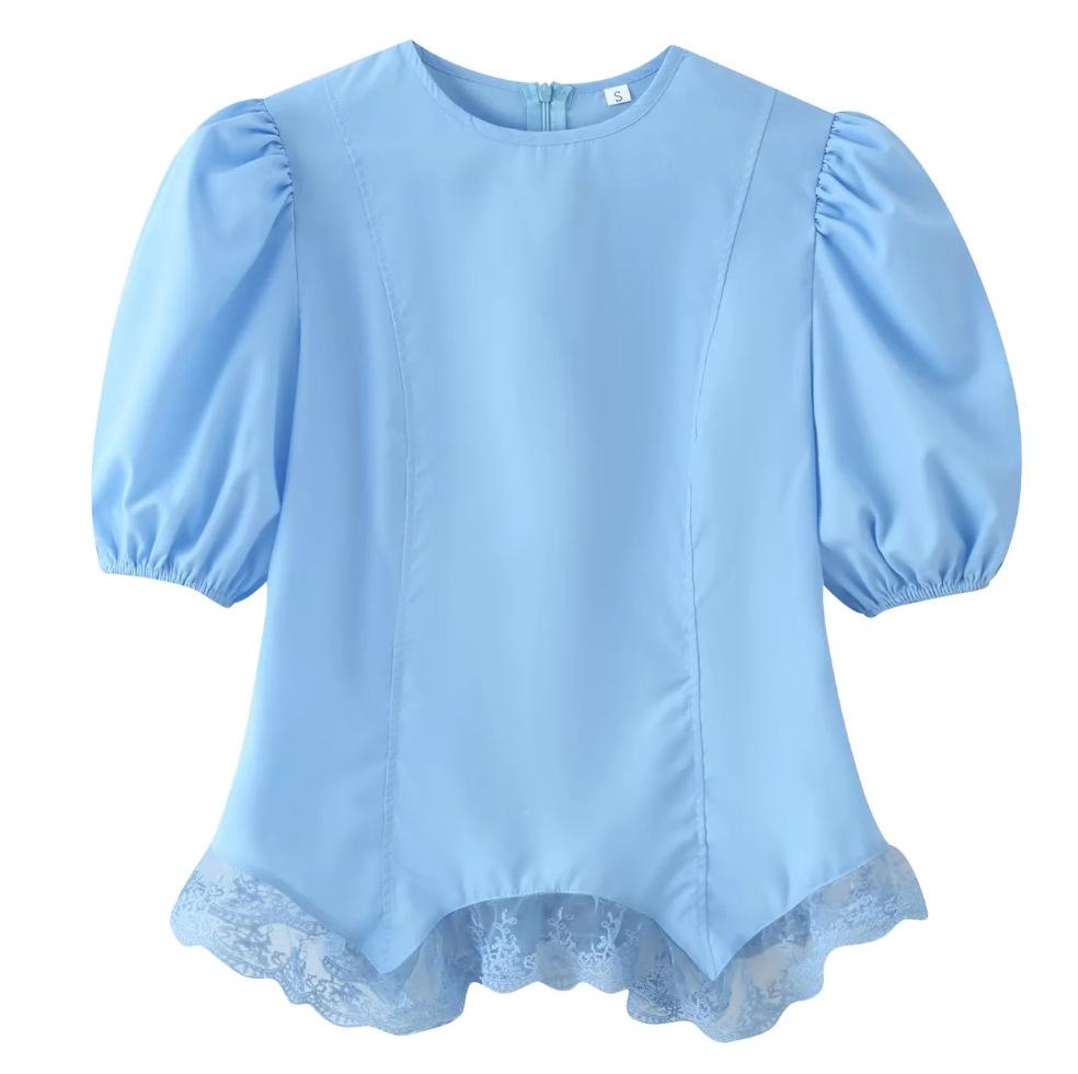 European and American Women's Clothing Popular Fashion Casual Bud Edge Bubble Sleeves Short-sleeved Tops