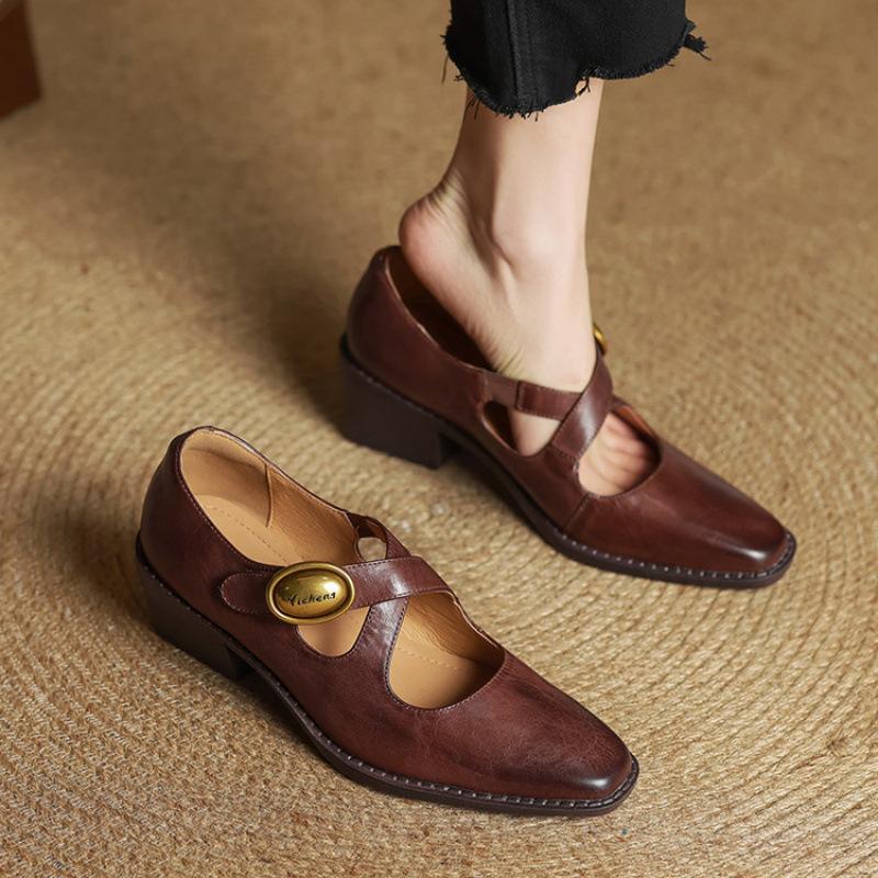 Casual Solid Color Foot Cover Low Top Four Seasons Wear Small Leather Shoes Women's New Women's Fashion Single Shoes Square Head Comfortable Beef Ten