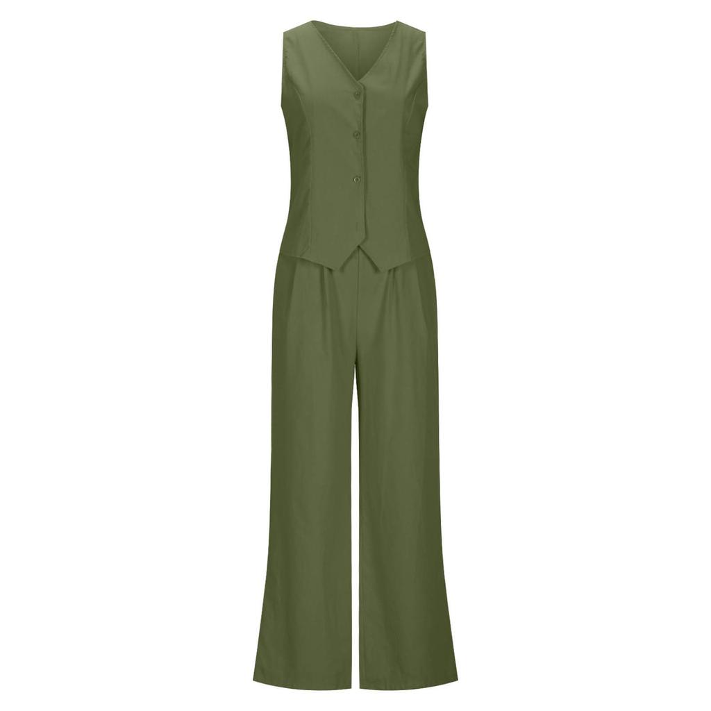 Women's Casual Summer Linen Two-Piece Sleeveless Top High Waist Trousers Beach Vacation Set